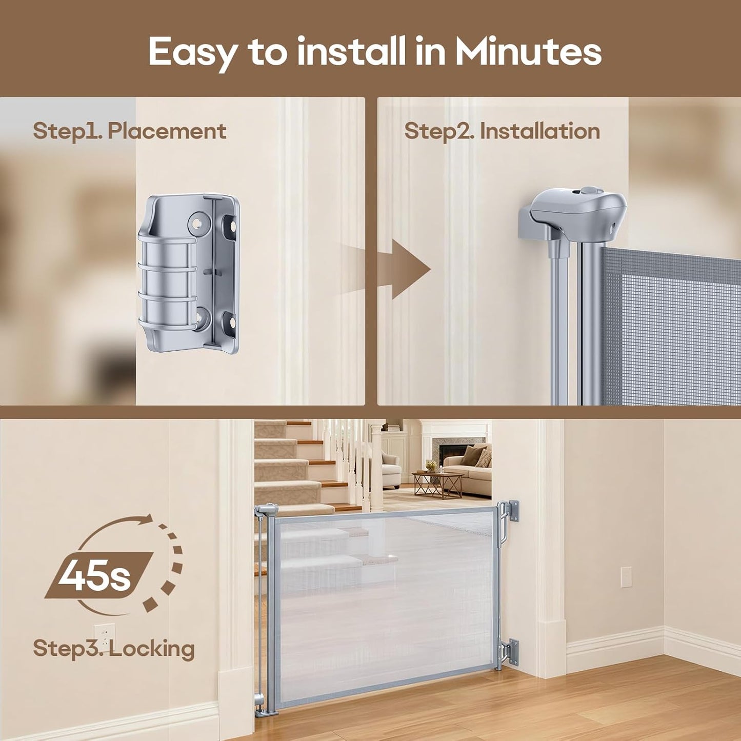 SPACEANY Retractable Safety Baby Gate or Mesh Dog Gate,Durable Portable Mesh Retractable Gate,Easy to Use for Stairs, Doorways, Hallways, Indoor, Outdoor, 33.5" Tall, Up to 45" Wide, Cream