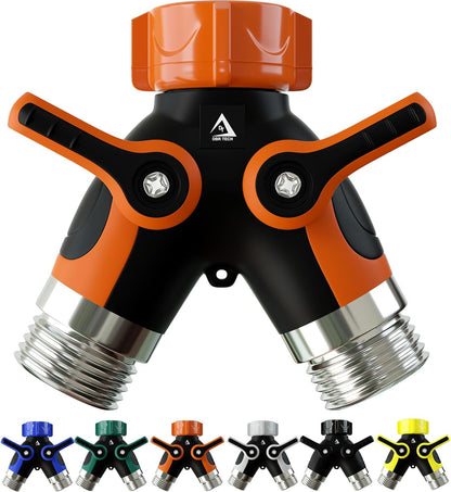 DBR Tech® Hose Splitter 2 Way, Heavy Duty Metal Connector, Two Way Garden Hose Splitter, High Flow Spigot Faucet Bib Adapter, Solid Double Y Shut Off Valve for Outdoor Gardening Hoses, Orange