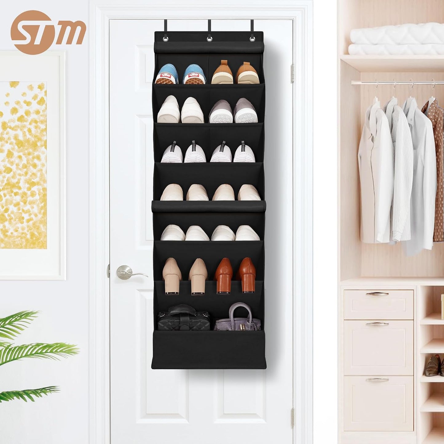 STORAGE MANIAC Over the Door Shoe Organizer with Curtain Dustproof Heavy-Duty Large Deep Pocket Hanging Shoe Organizer for Closet Dorm & Narrow Door Storage Shoe Holder Shoe Rack, 9-Shelf Beige 1 Pack