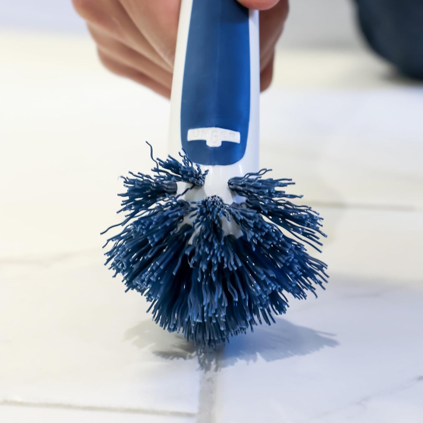 Unger EZ Reach Shower Tub and Tile Scrub Brush, Crevice Bathroom Cleaning Supplies, Non-Scratch Scrubber Tool for Showers, Fixtures, Bathtubs, Drains, Grout, and Marble