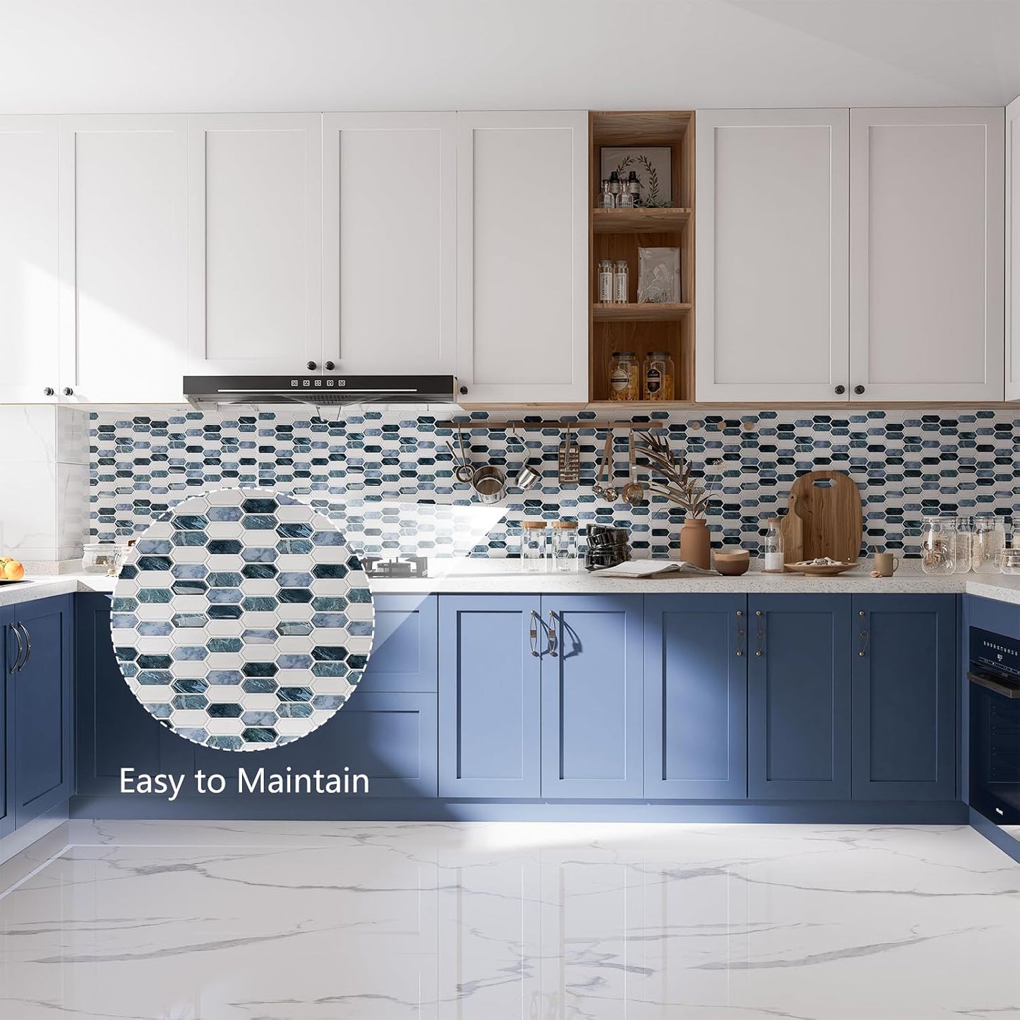 10-Sheet Backsplash Peel and Stick Tile Faux Marble 12"x12" White Blue Long Hexagon Self-Adhesive Glossy Heat Resistant Waterproof 3D Wall Panel Stick on Backsplash Kitchen Bathroom RV Fireplace