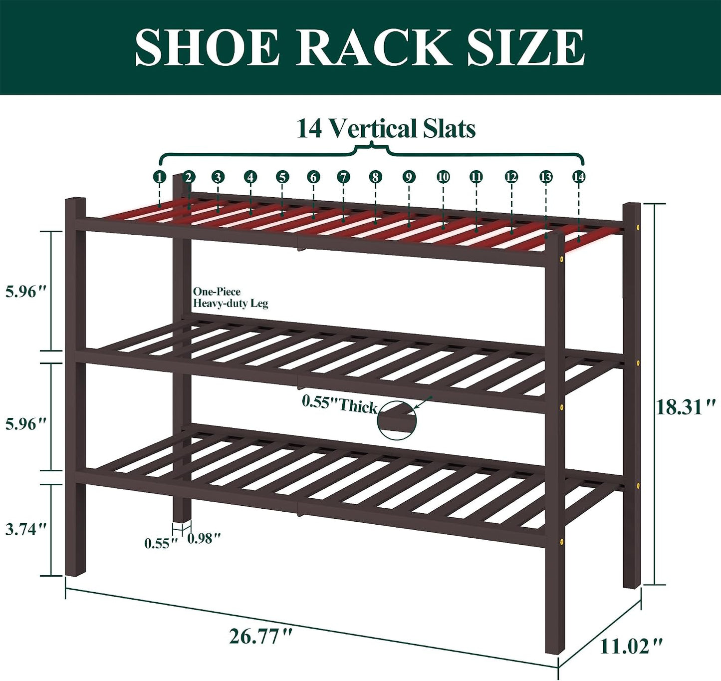 Smiry Bamboo Shoe Rack for Closet, 3 Tier Wooden Shoe Organizer, Stackable Wood Shoe Storage Shelf for Entryway, 14 Vertical Slats, One-piece Heavy-Duty Legs, 26.77"x11.02"x18.31", Natural