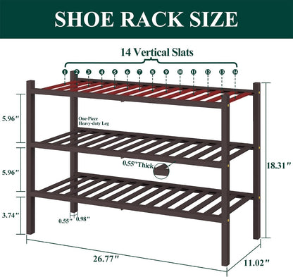 Smiry Bamboo Shoe Rack for Closet, 3 Tier Wooden Shoe Organizer, Stackable Wood Shoe Storage Shelf for Entryway, 14 Vertical Slats, One-piece Heavy-Duty Legs, 26.77"x11.02"x18.31", Natural