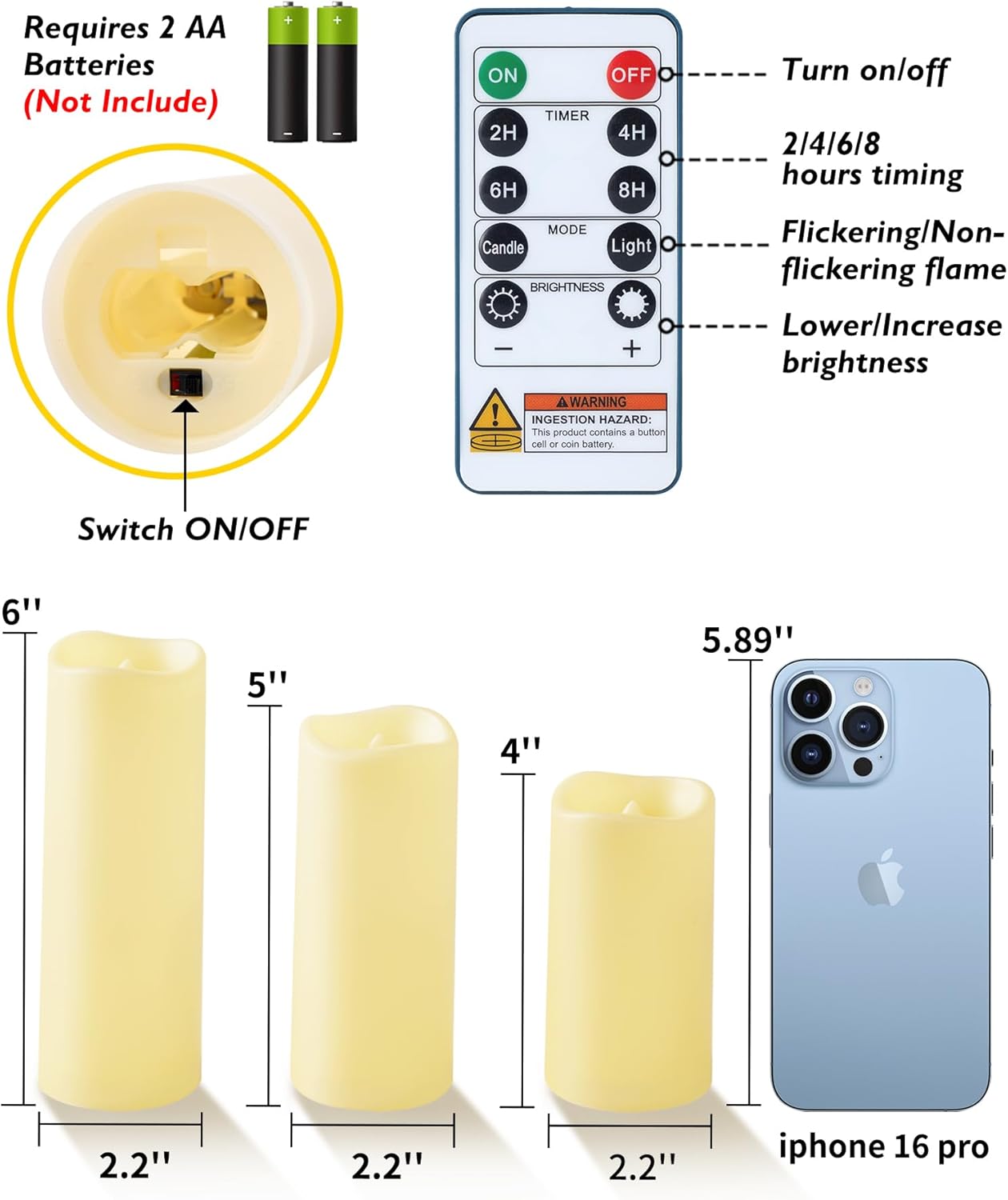 Raycare Outdoor Waterproof Flameless Candles, Battery Operated LED Electric Candles with Remote and Timers, Fake Pillar Candle for Patio, Porch, and Wedding Decor, Ivory, Set of 3(3"x4" 5" 6")