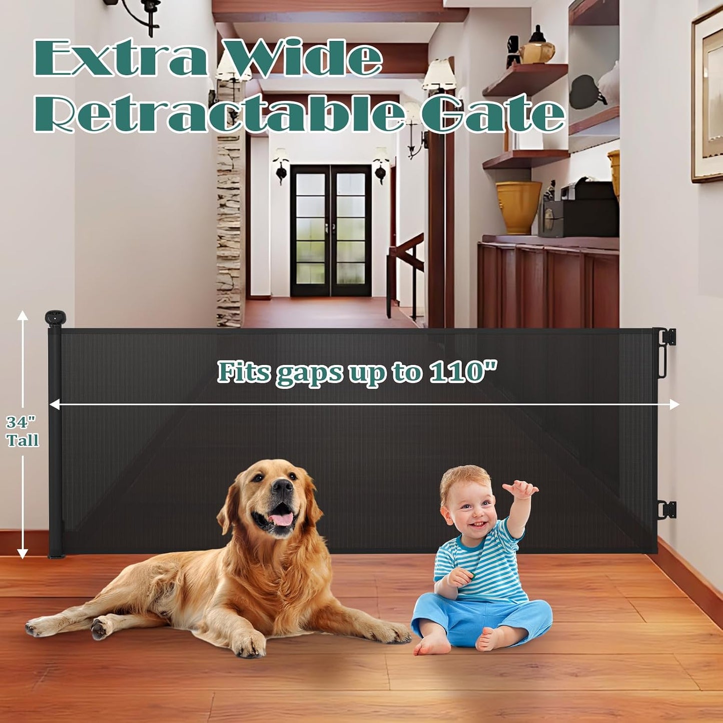 Babepai Retractable Baby Gates Extra Wide | 55" Wide x 34" Tall Dog Gates for Stairs | Indoor/Outdoor Use | Child Gates for Doorways, Deck, Porch, Hallways, Patio - Gray