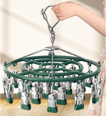 Drying Rack for Sock, Stainless Steel Sock Drying Rack with 24 Clips, Swivel Hook Windproof Hanger for Sock, Bras, Towel, Underwear, Laundry, Hat, Scarf, Pants, Gloves(Pink)