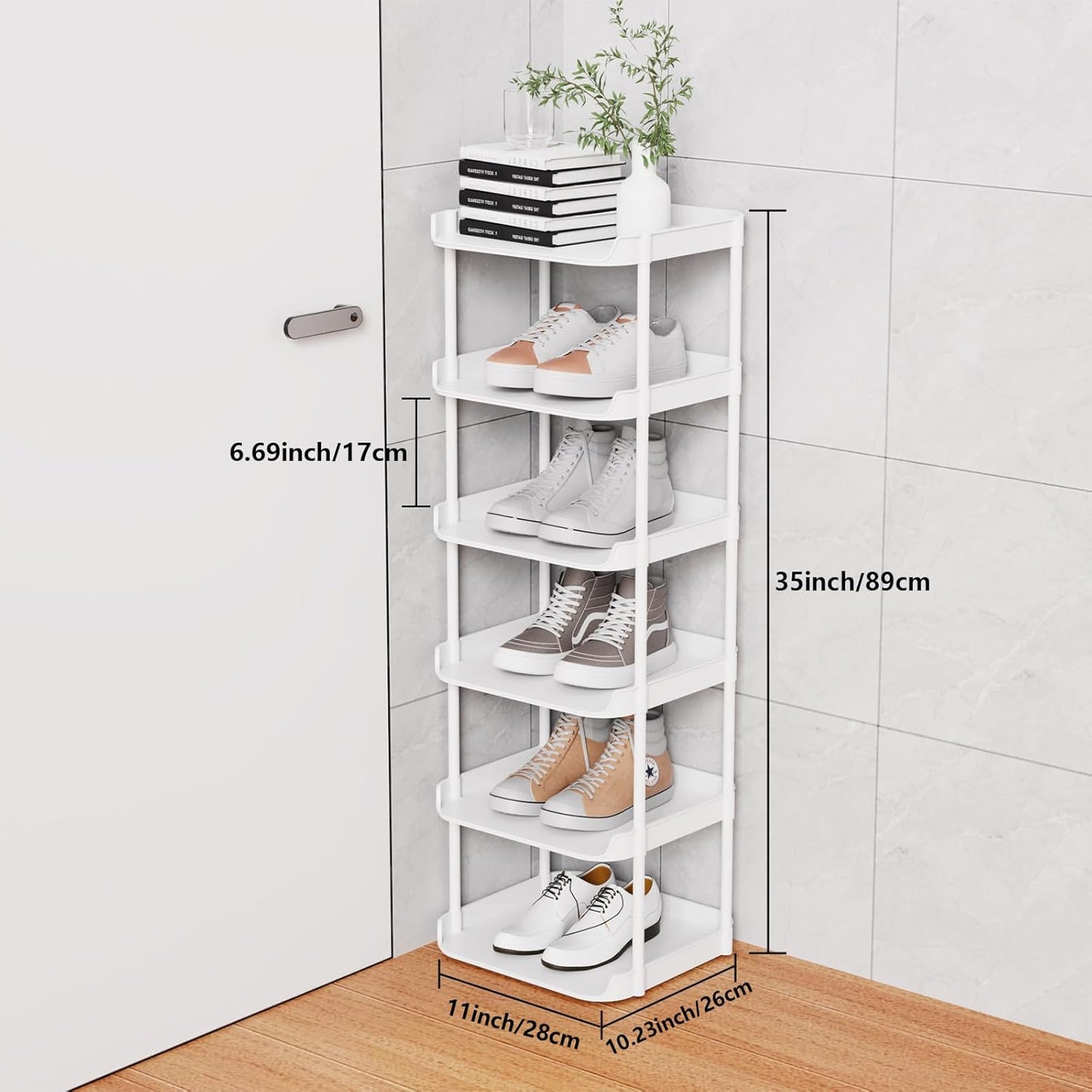 6 Tier Vertical Narrow Shoe Rack, Stackable Tall Skinny Shoerack, Compact Single Shoes Storage Tower for Slim Space, Corner Plastic Shelves, for Hallways, Entryway, Bedrooms Organizer, Black