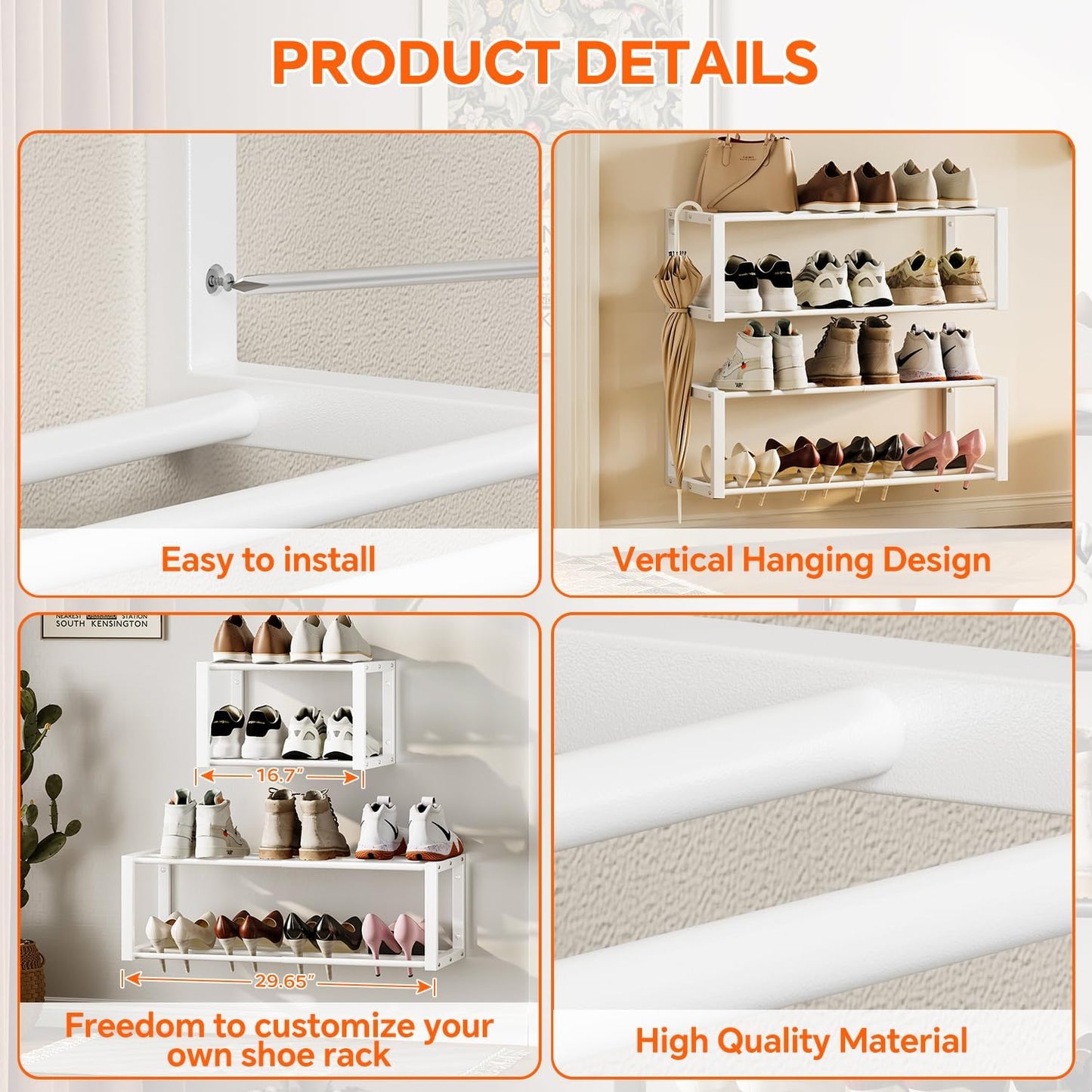 Homeiju Hanging Shoe Organizer,2 Pack Wall Mounted Shoe Rack Holds 12 Pairs,Space Saving Metal Wall Shoe Rack,Hanging Shoe Rack Shoe Holder for Small Space,Entryway,Closet,RV,Camper（Black