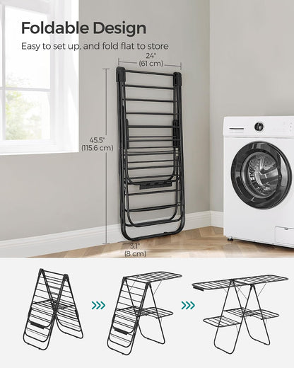 SONGMICS Clothes Drying Rack, with Sock Clips, Metal Laundry Rack, Foldable, Space-Saving, Free-Standing Airer, with 2 Height-Adjustable Gullwings, Indoor Outdoor Use, Gray ULLR052G01