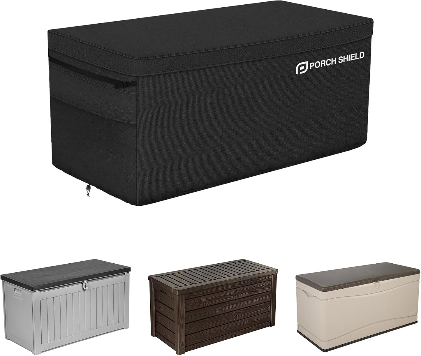 Porch Shield Patio Deck Box Storage Cover - 600D Outdoor Waterproof Cover for 150-230 Gallon Box Tear Resistant Rectangular Fire Pit Table Covers 62 x 29 x 28inch Black