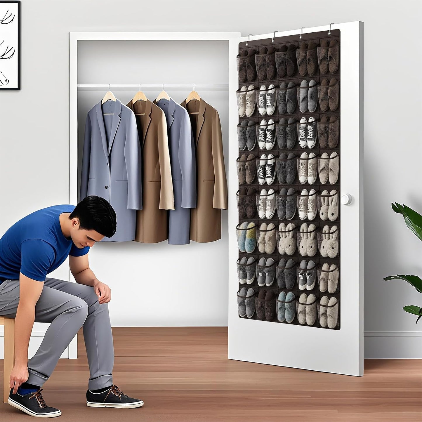 40 Large Mesh Pocket Over the Door Shoe Organizer,Hanging Shoe Rack for Door,Hualleko Shoes Organizer Hanger with Large Capacity, Shoes Storage Holder Sturdy Non-woven Fabric - Stores 20 Pairs (White)