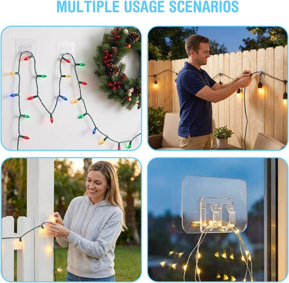 JMEXSUSS Hooks for Outdoor String Lights Clips: 50Pcs Heavy Duty Hooks with Waterproof Adhesive Strips, UV-Resistant Outside Transparent Clips for Hanging Christmas Lights, No Drill
