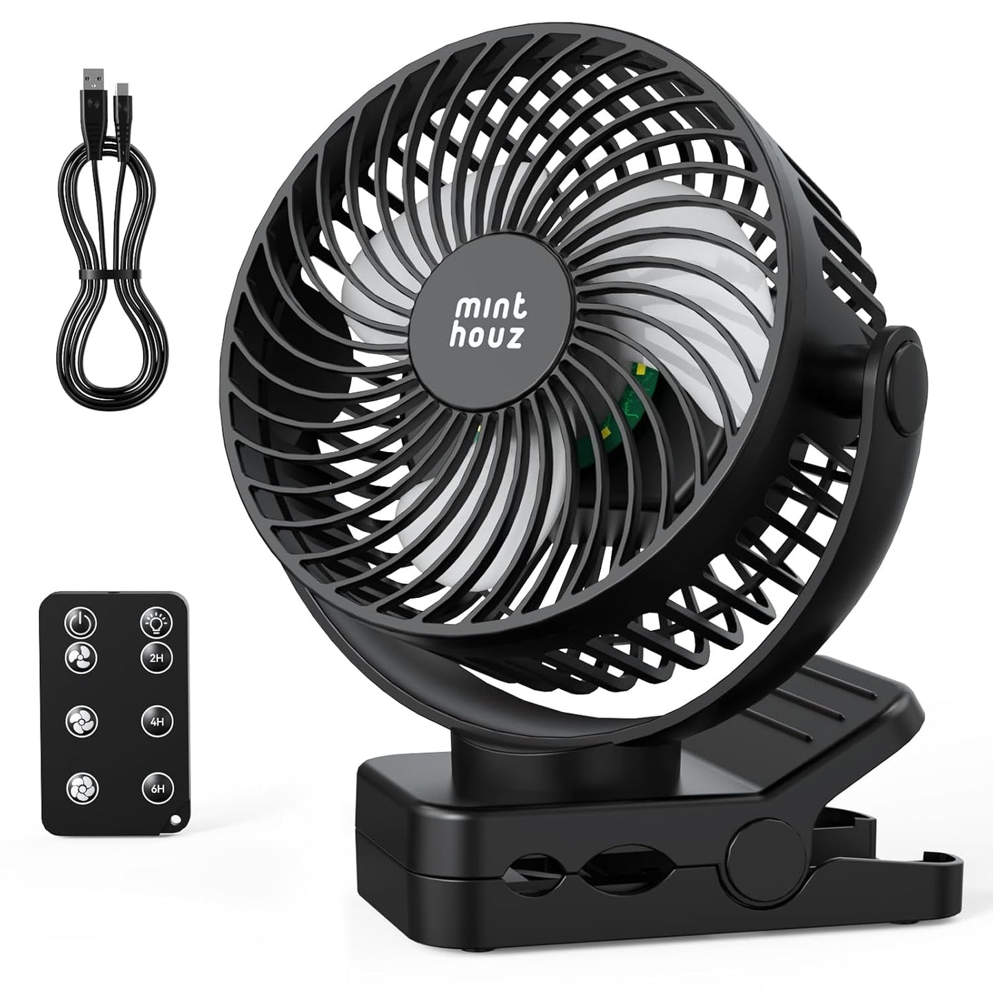 Minthouz Clip on Fan, 12000mAh Desk Fans, 360° Rotation Rechargeable Portable Fan with 45hrs Runtime - Quiet 3 Speeds, Wireless Remote, Timer, Input/Output Ports - Lightweight for Travel & Office