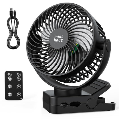 Minthouz Clip on Fan, 12000mAh Desk Fans, 360° Rotation Rechargeable Portable Fan with 45hrs Runtime - Quiet 3 Speeds, Wireless Remote, Timer, Input/Output Ports - Lightweight for Travel & Office