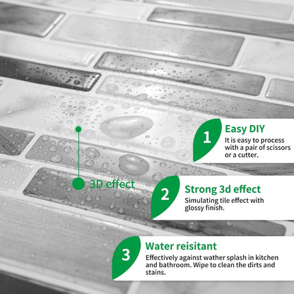 LONGKING Self-Adhesive Kitchen Backsplash, Marble Look Decorative Tiles (10 Tiles)