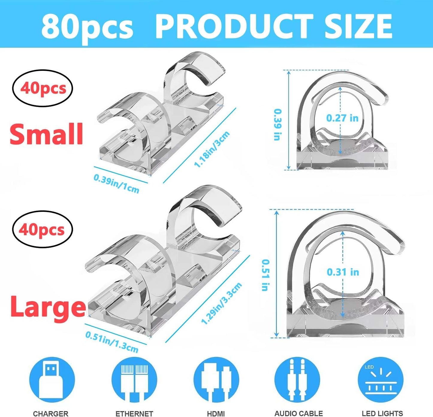40 PCS Cable Clips (Small & Large),Adhesive Cable Clips for Wall,Finisher Wire Clamp for TV PC Laptop,Cable Management Clips Outdoor Light Clips