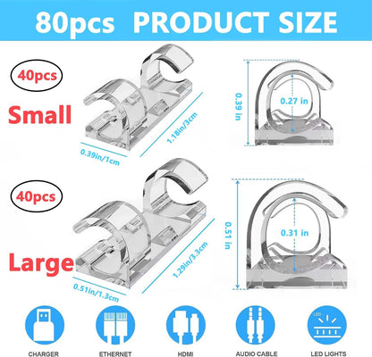 40 PCS Cable Clips (Small & Large),Adhesive Cable Clips for Wall,Finisher Wire Clamp for TV PC Laptop,Cable Management Clips Outdoor Light Clips
