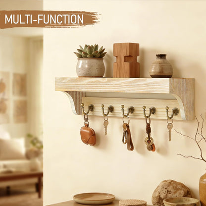 Rebee Vision Farmhouse Key Holder for Wall - Decorative Wooden Mail Organizer with 5 Rustic Key Hooks and Floating Shelf for Home Decor, Hallway, Entryway, Appartment (Retro Brown)