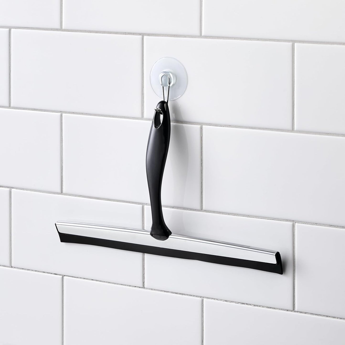 iDesign Zia Metal and Plastic Bathroom Squeegee for Shower, Glass Doors, Floors, Mirrors, with Suction Hook Holder , 12 Inches, Clear and Stainless Steel