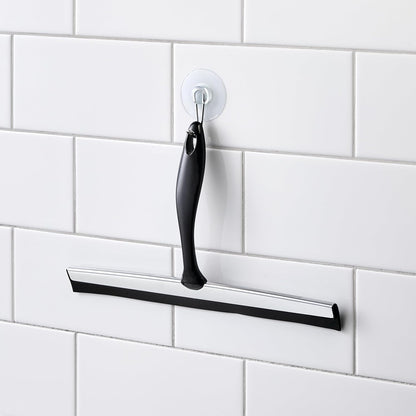 iDesign Zia Metal and Plastic Bathroom Squeegee for Shower, Glass Doors, Floors, Mirrors, with Suction Hook Holder , 12 Inches, Clear and Stainless Steel