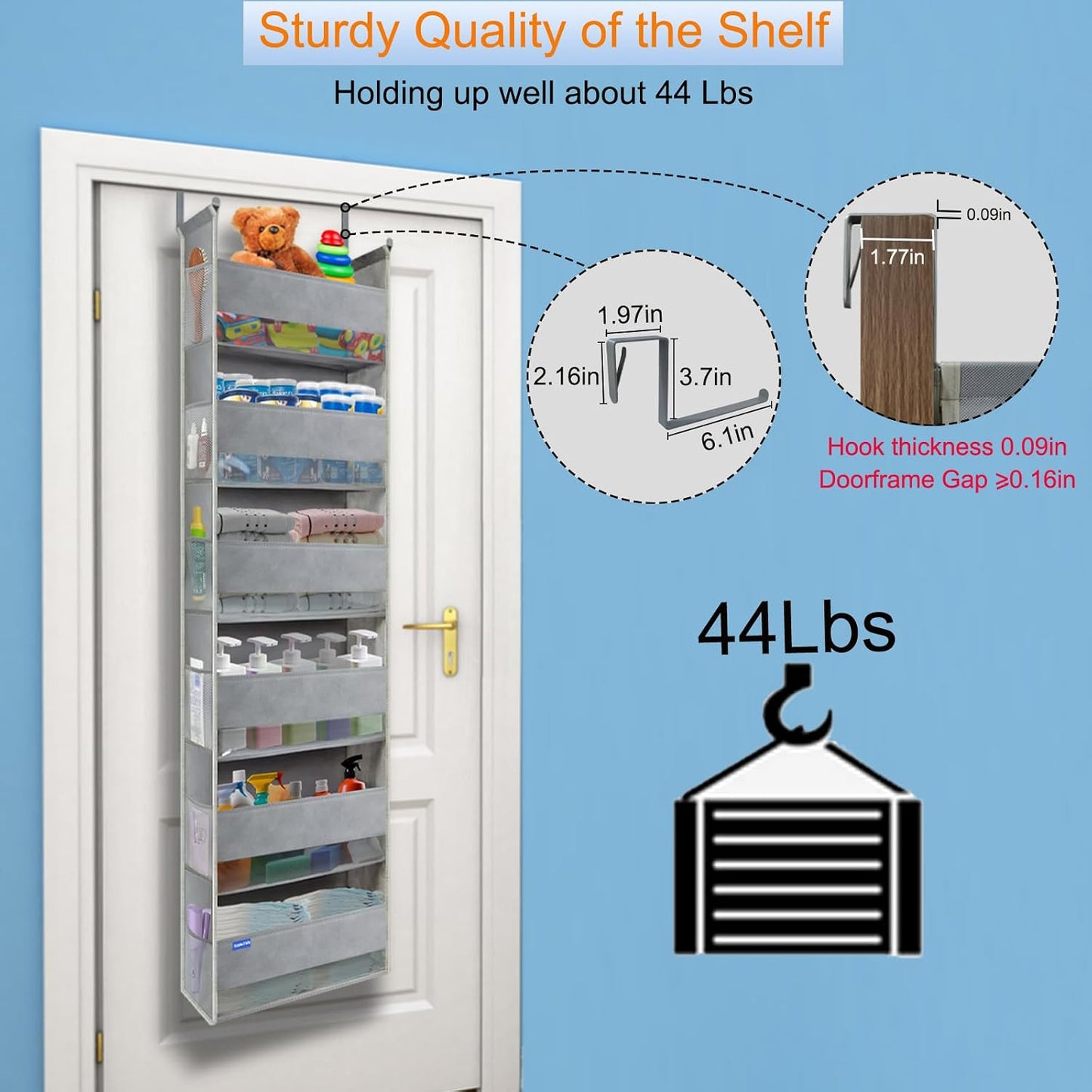 Over The Door Organizer 5-Shelves and 10 Side Pockets, Over The Door Storage for Bathroom Bedroom Nursery, Hanging Door Organizer for Baby Diapers and Kids Toys (13"x5"x44", Grey)