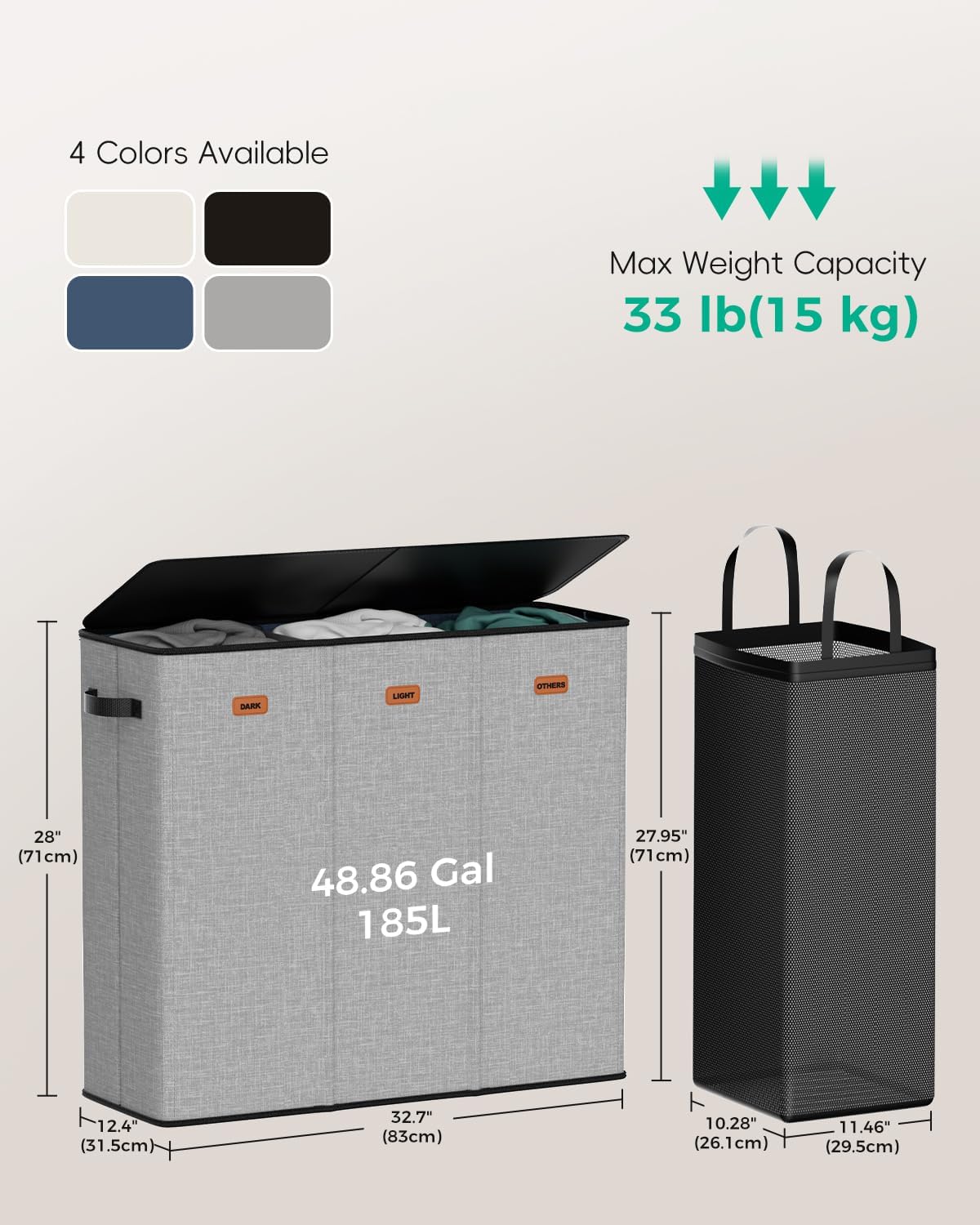 185L Laundry Hamper 3 Section with Lid & Removable Bags | Collapsible laundry basket organizer for laundry room, bedroom & dorm with 3 removable washing bags