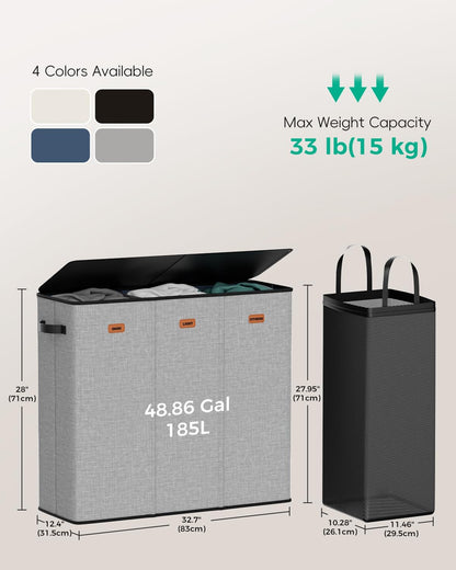 185L Laundry Hamper 3 Section with Lid & Removable Bags | Collapsible laundry basket organizer for laundry room, bedroom & dorm with 3 removable washing bags