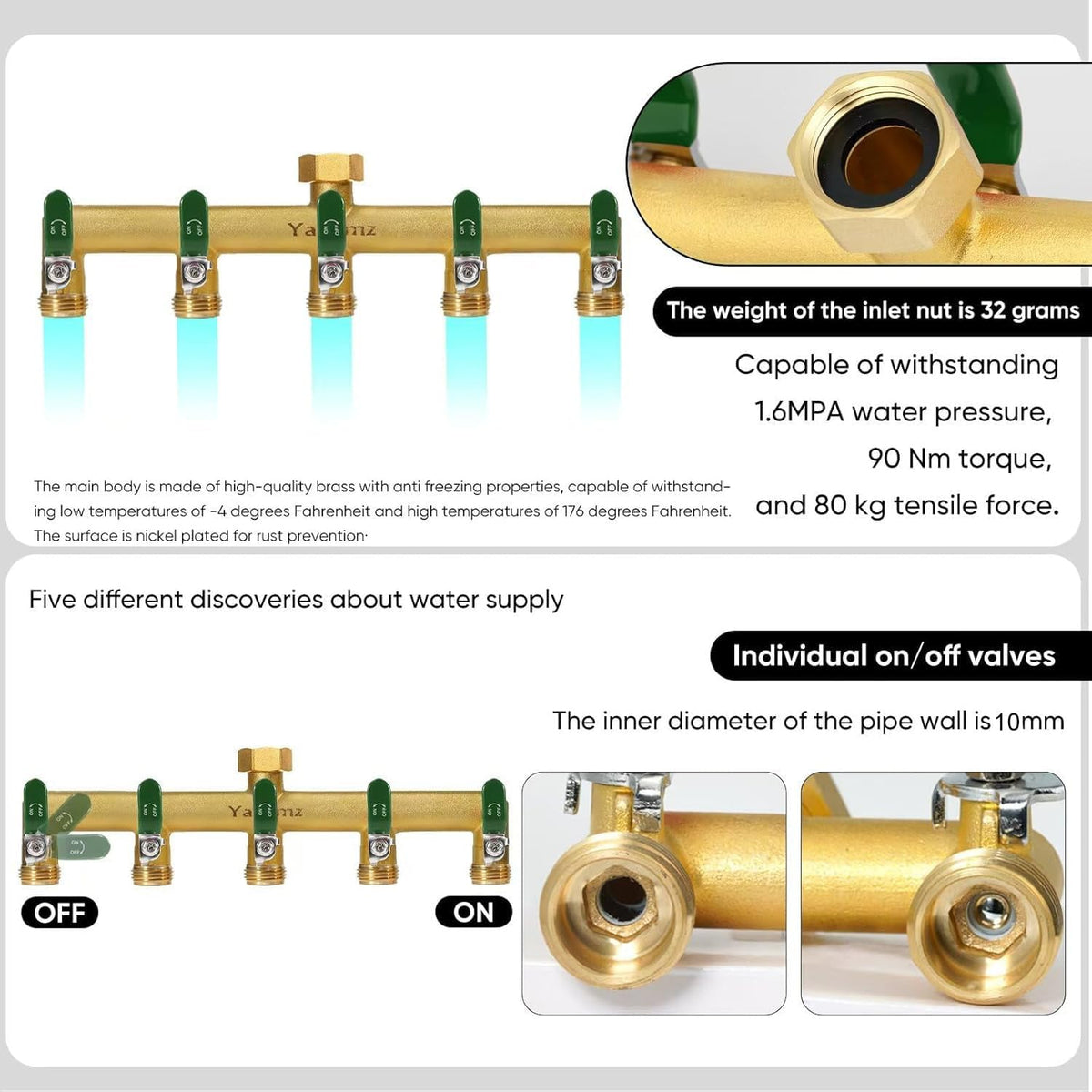 Garden Hose Splitter, 3/4” Rust and Freeze Resistant Outdoor Hose Manifold with 2 Green Extra Long Handles Faucet Adapter-Heavy Duty Brass 2-Way Valve