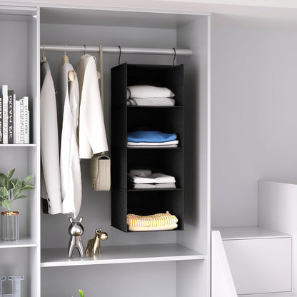 Hanging Closet Organizer 3-Shelf, Oxford Fabric Wardrobe Storage, Gray | Easy-mount foldable design holds clothes, handbags, shoes & accessories; washable Oxford fabric, sturdy and space-saving.