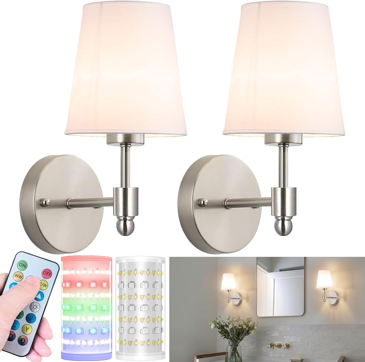 Nekhung Battery Operated Wall Sconces Set of Two, Wireless Battery Wall Light with 10000mAh RGB Dimmable Magnetic Bulb and Remote, Rechargeable Sconce Wall Decor for Bedroom Living Room Hallway