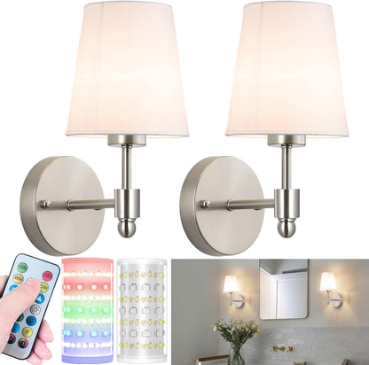 Nekhung Battery Operated Wall Sconces Set of Two, Wireless Battery Wall Light with 10000mAh RGB Dimmable Magnetic Bulb and Remote, Rechargeable Sconce Wall Decor for Bedroom Living Room Hallway