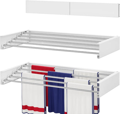 Wall Mounted Drying Rack 31.5", Foldable Laundry Drying Rack with Stainless Steel Rods, Retractable Laundry Space Saver for Indoor & Outdoor Use, Include Wall Template