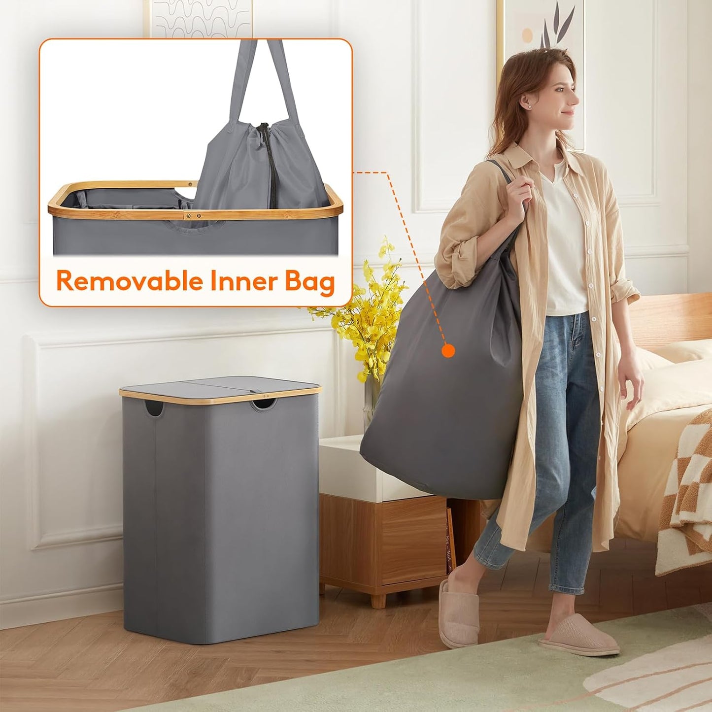 Lifewit 120L Laundry Basket with Lid, Clothes Hampers for Laundry with Bamboo Handles and 2 Removable Bag, Large Foldable Laundry Hamper for Bedroom, Bathroom, Dorm, Laundry Room, Beige