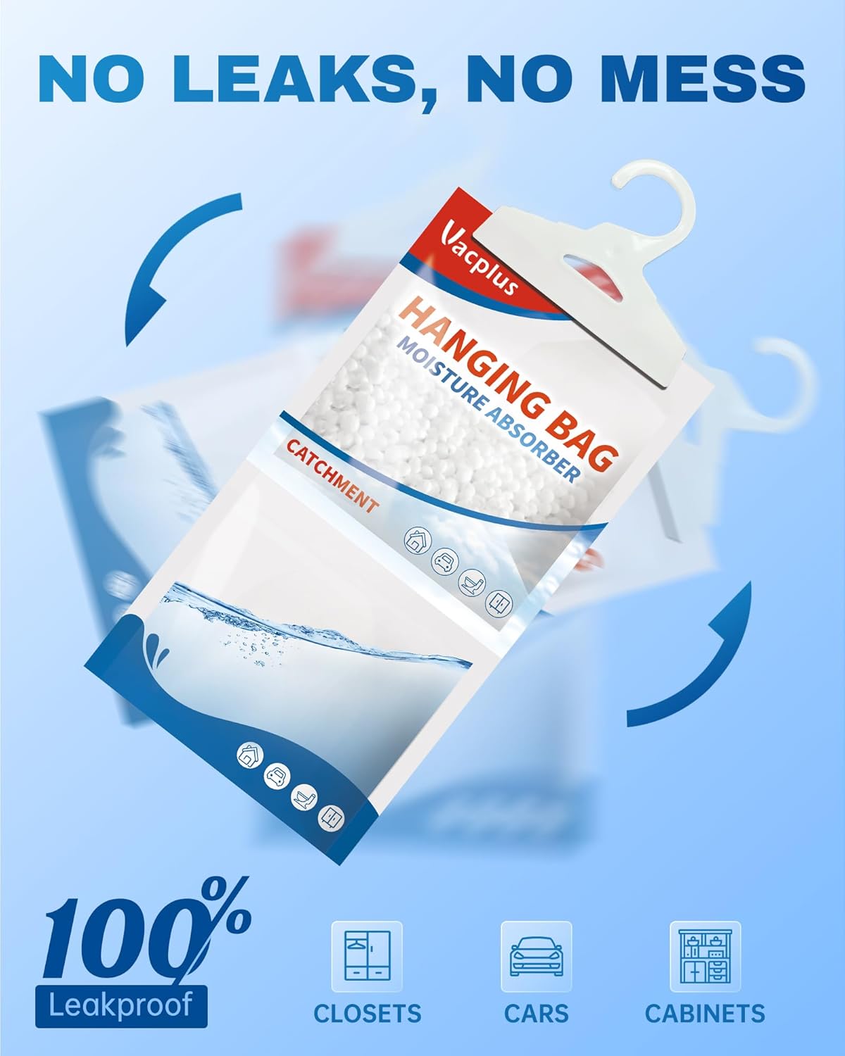 Vacplus Moisture Absorbers Packets, Fragrance Free 5 Pack, Humidity Packs, Dessicant Packets, Hanging Closet Dehumidifier Bags, Odor Eliminator for Bathroom 9.8OZ