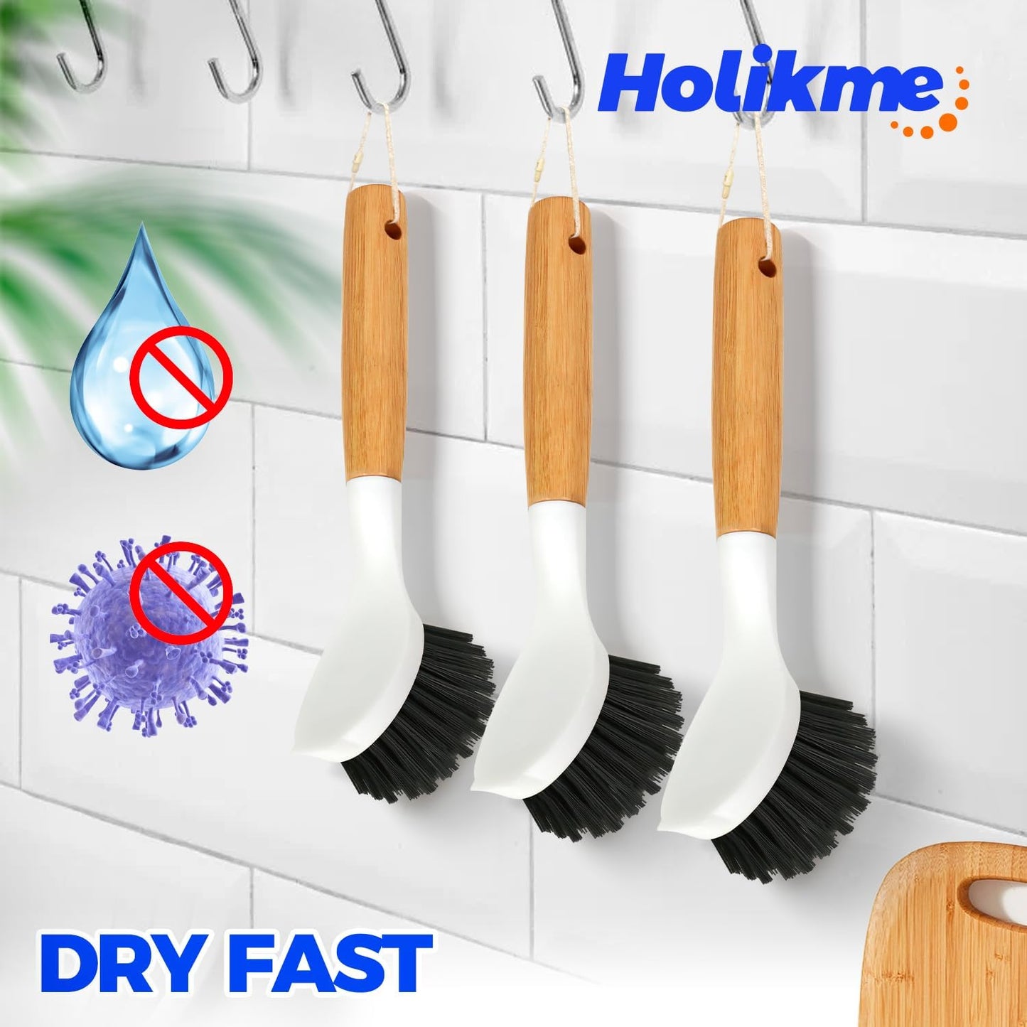 Holikme 3 Pack Dish Brush Set with Bamboo Handle, Kitchen Brushes for Cleaning Pot, Sink and Stove, Skillet Scrubber with Tough Bristles for Cast Iron Grill Pan, White Yellow Black