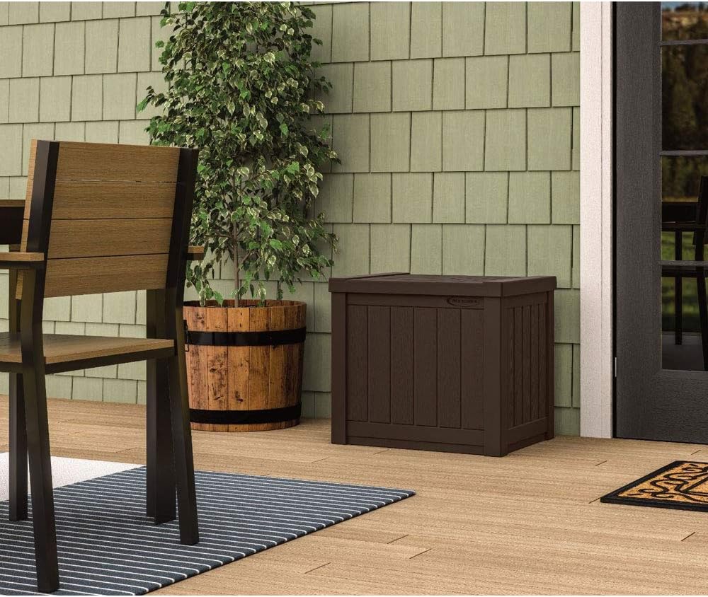 Suncast 22-Gallon Small Deck Box - Lightweight Resin Indoor/Outdoor Storage Container and Seat for Patio Cushions and Gardening Tools - Store Items on Patio, Garage, Yard - Stone Gray, Made in the USA