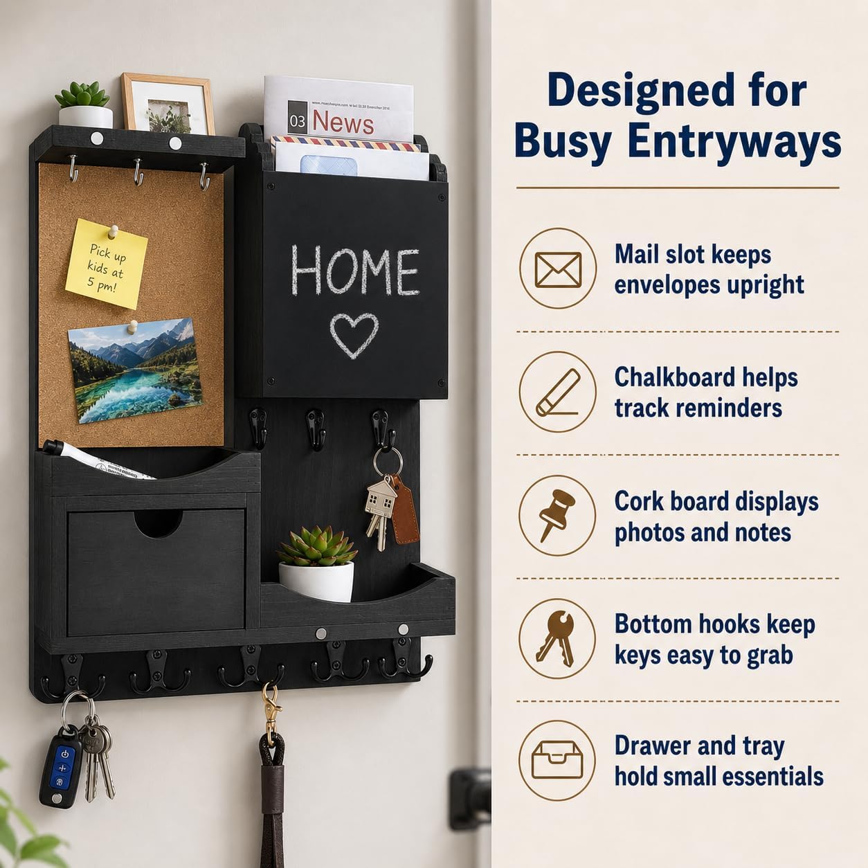 Key Holder for Wall Mount with Shelf and Mail Organizer, Key and Mail Holder with 16 Hooks, Farmhouse Entryway Organizer, Home Decor Rack (Pine Wood, Black)
