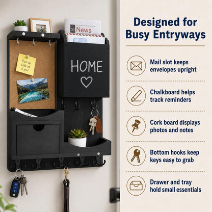 Key Holder for Wall Mount with Shelf and Mail Organizer, Key and Mail Holder with 16 Hooks, Farmhouse Entryway Organizer, Home Decor Rack (Pine Wood, Black)