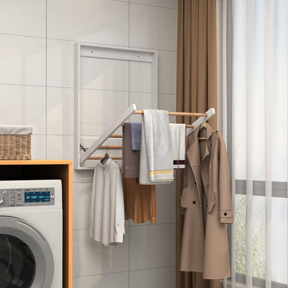 Wooden Wall Mounted Clothes Drying Rack for Laundry Room,White | Solid Wood Crossbar|Space-Saving Design|Easy Installation|Wall-mounted Pull-down Folding Design