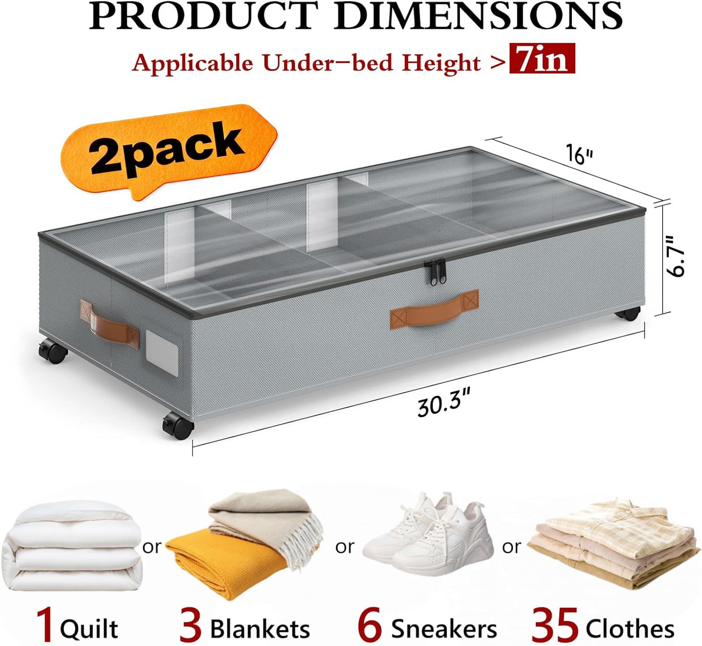 Yecaye Under Bed Storage with Wheels, 2 Pack Under Bed Storage Containers with Adjustable Dividers & Clear Lid, Rolling Underbed Organizer Bins Drawer for Clothes, Shoes, Blankets(30.3 x 16 x 6.7in)