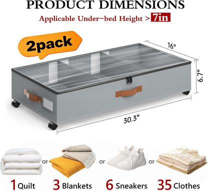 Yecaye Under Bed Storage with Wheels, 2 Pack Under Bed Storage Containers with Adjustable Dividers & Clear Lid, Rolling Underbed Organizer Bins Drawer for Clothes, Shoes, Blankets(30.3 x 16 x 6.7in)