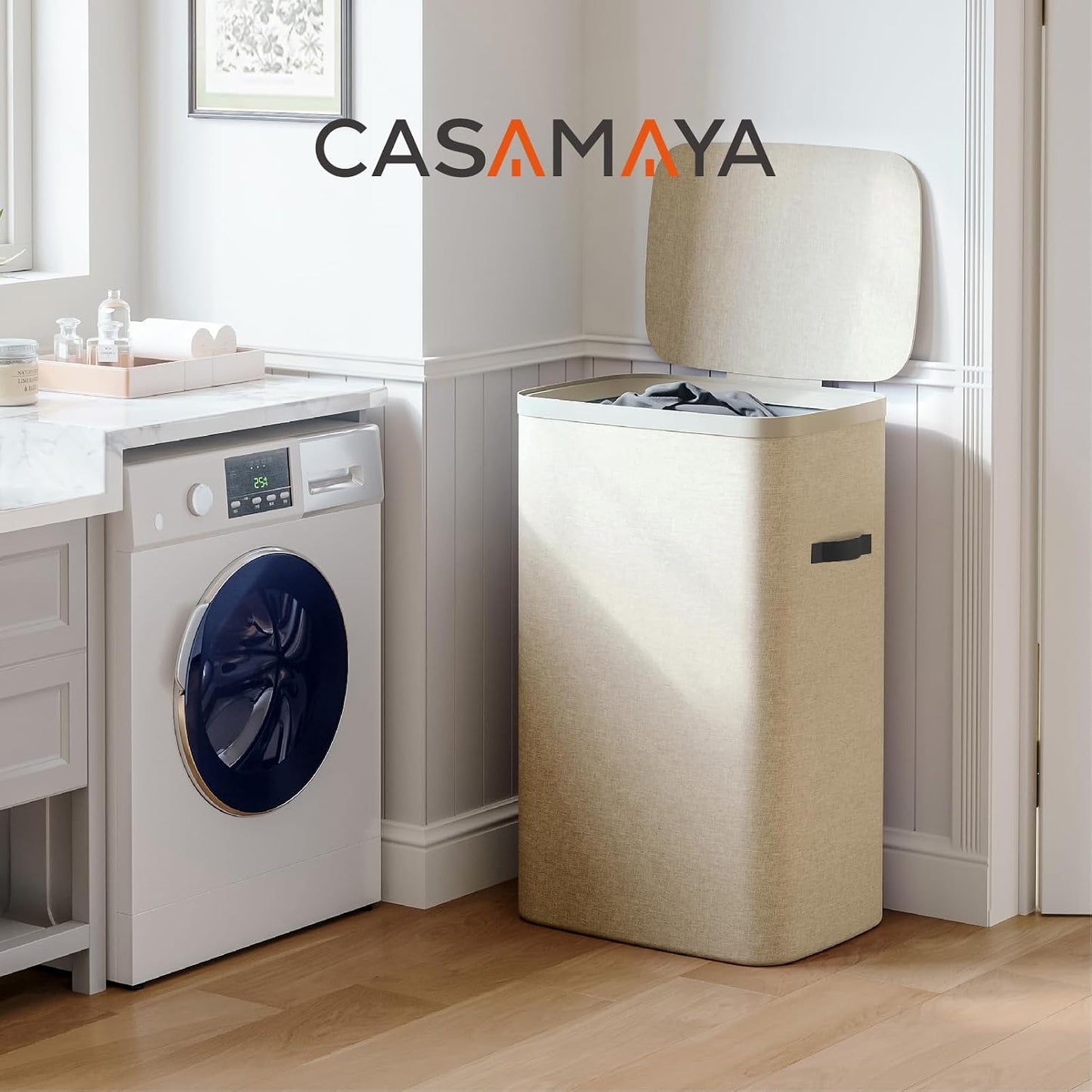 CASAMAYA Laundry Basket with Lid, Laundry Hamper 3 Section, 190L collapsible Laundry Organizer, Easy Assembly, with Handles and Removable Liners, 25.2 x 15.7 x 29.5 Inches, Beige JSP904M