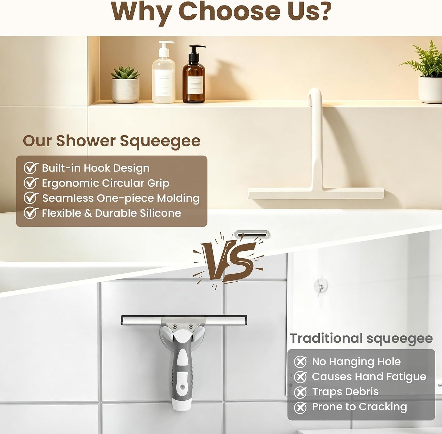 Shower Squeegee for Glass Doors - 10 Inch Bathroom Squeegee with Ergonomic Round Grip, Built-in Hook, Streak-Free No-Squeak Silicone Blade for Shower Glass, Tile Walls, Mirrors & Windows, Black