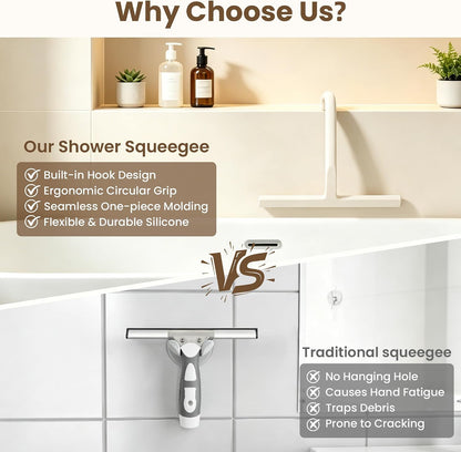 Shower Squeegee for Glass Doors - 10 Inch Bathroom Squeegee with Ergonomic Round Grip, Built-in Hook, Streak-Free No-Squeak Silicone Blade for Shower Glass, Tile Walls, Mirrors & Windows, Black