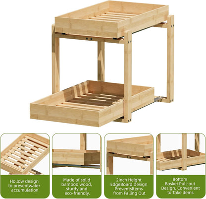 APRTAT 2 Pack Under Sink Organizer, Bamboo Wooden 2-Tier Pull-Out Storage with Sliding Drawers for Kitchen and Bathroom Cabinets, Easy Installation (Natural, 2 Packs)