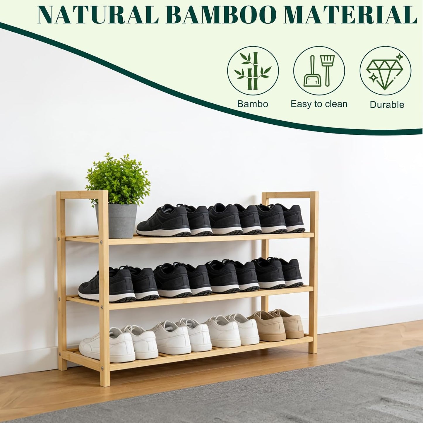 4 Tier Bamboo Wooden Shoe Rack for Closet & Entryway, Free Standing Shoe Rack Stand Organizer Shelf for Garage, Bedroom, Small Space Storage, Stackable