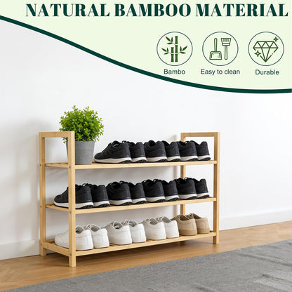4 Tier Bamboo Wooden Shoe Rack for Closet & Entryway, Free Standing Shoe Rack Stand Organizer Shelf for Garage, Bedroom, Small Space Storage, Stackable