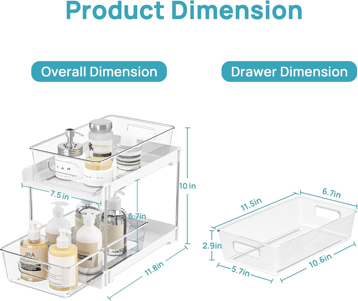 Vtopmart 2 Tier Bathroom Storage Organizer, 2 Pack Clear Under Sink Organizers Vanity Counter Container, Cabinet Drawers Bins, Pull-Out Organization with Track for Pantry, Kitchen