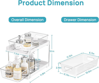 Vtopmart 2 Tier Bathroom Storage Organizer, 2 Pack Clear Under Sink Organizers Vanity Counter Container, Cabinet Drawers Bins, Pull-Out Organization with Track for Pantry, Kitchen
