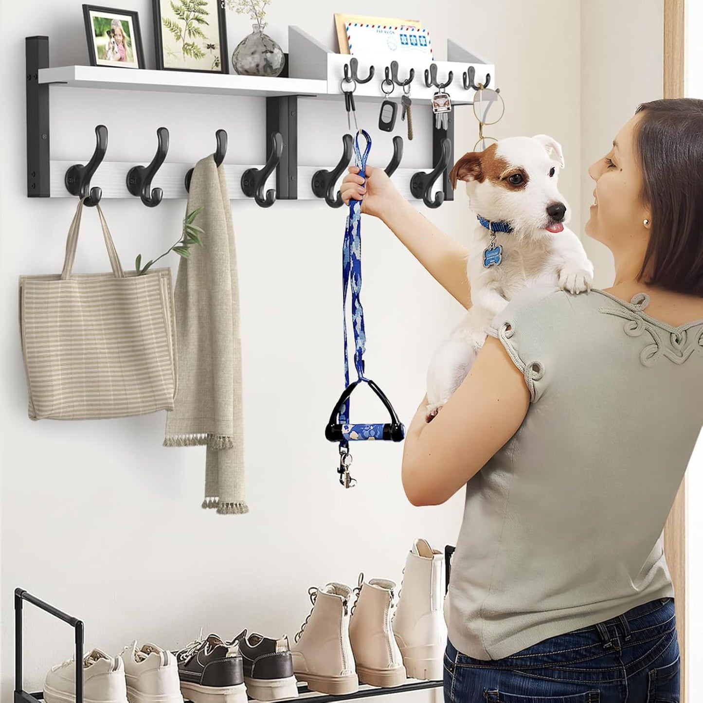Evermagin 29" Coat Rack Wall Mount with Shelf, 4 in 1 Coat and Key Hanger with 11 Metal Hooks, Entryway Wall Mounted Shelf with Mail Holder for Living Room, Bedroom, Rustic Brown